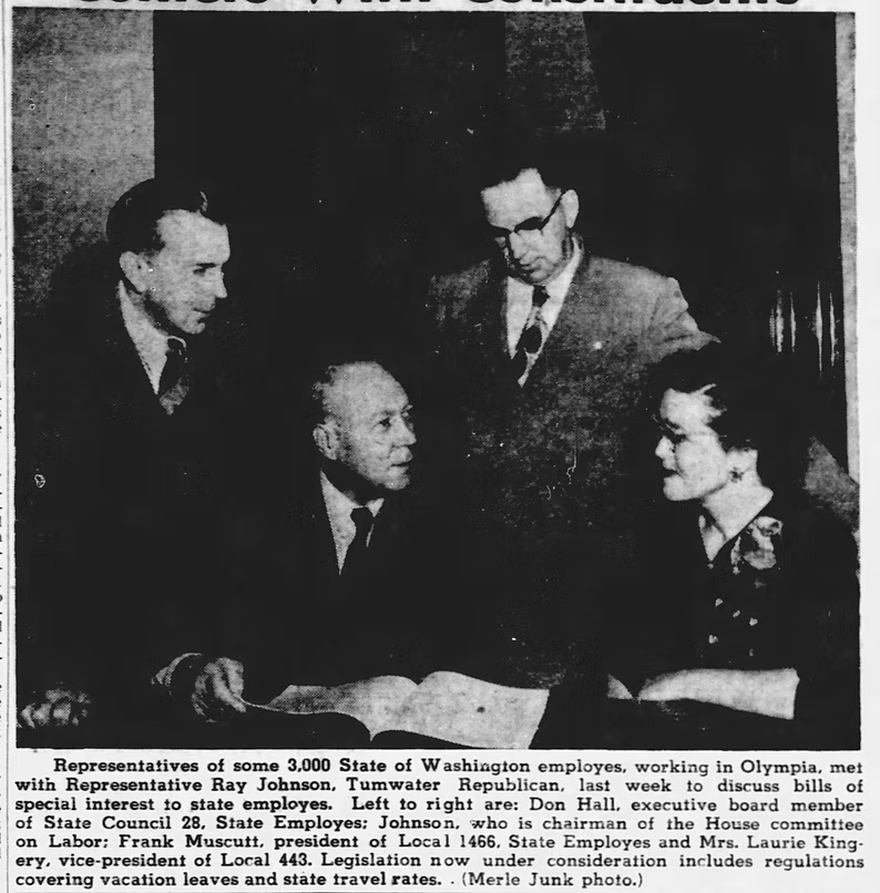 Representatives of some 3,000 State of Washington employees, working in Olympia, met with Representative Ray Johnson, Tumwater Republican, last week to discuss bills of special interest to state employees. Let to right are: Don Hall, executive board member of State Council 28, State Employees; Johnson, who is chairman of the House committee on Labor; Frank Muscatt, president of Local 1466, State Employees and Mrs. Laurie Kingery, vice-president of Local 443. Legislation now under consideration includes regulations covering vacation leaves and state travel rates (Marie Junk photo.)